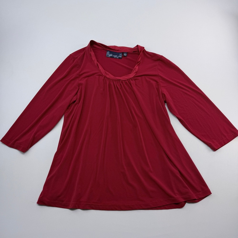 Susan Graver Style Red Tunic Top Satin Trim Scoop Neck 3/4 Sleeve Large